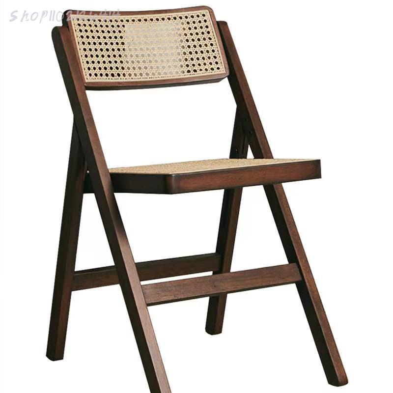 Retro solid wood folding chair medieval rattan dining chair study coffee shop wooden rattan chair ins Japanese stool